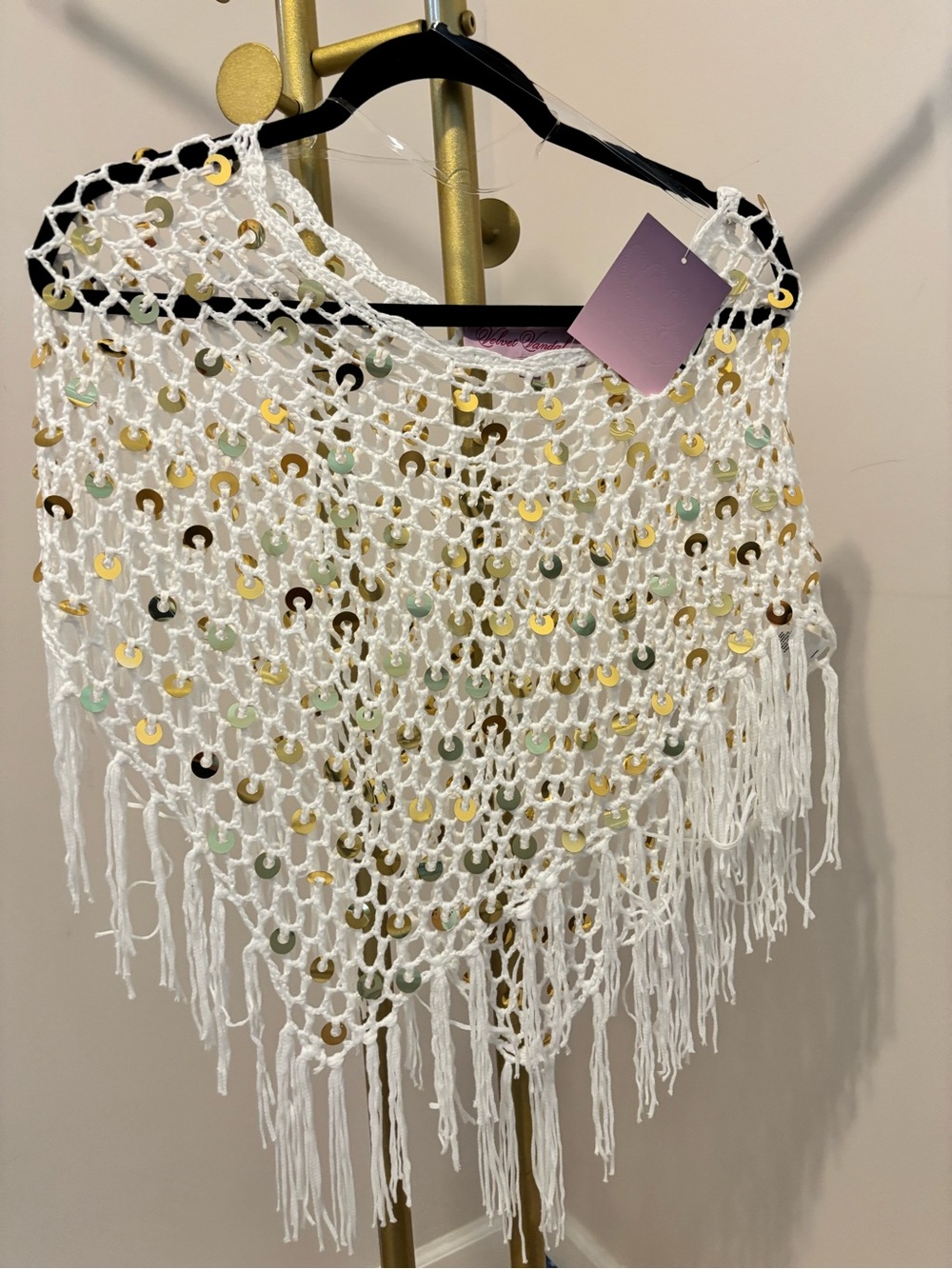 White Sequin Crochet Fringe Shawl - Women's Accessory